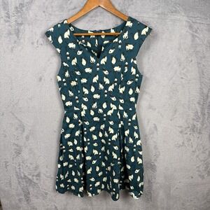 Vtg Ixia Women's Cat Print Fit & Flare Dress Green White Retro USA Medium